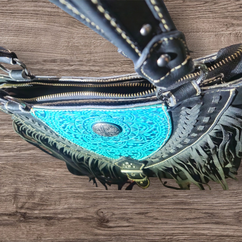 Elegant Fringe Shoulder Bag - Turquoise and Gray - Picture 4 of 14